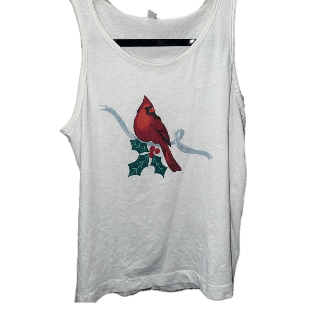 white and red cardinal tank top